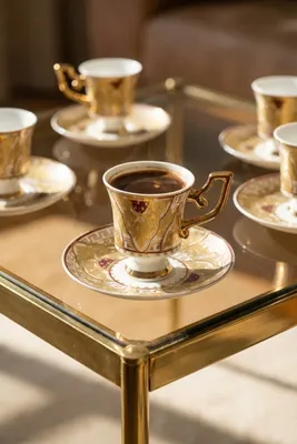 Nicoline 24K Altın Detaylı 6 Kişilik Porselen Kahve Fincanı Takımı - 90 ml