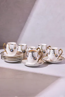 Cihangir 6 Kişilik Porselen Otantik Tüy Desenli Gold Kahve Fincanı Takımı