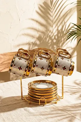 Kapadokya 6 Kişilik 13 Parça Standlı Kahve Fincan Takımı New Bone China Porselen