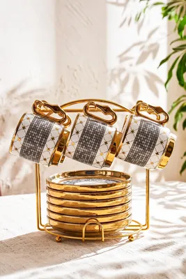 Mozaik 6 Kişilik 13 Parça Standlı Kahve Fincan Takımı New Bone China Porselen