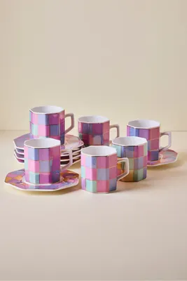 Antik 12 Parça 6 Kişilik Renkli Patchwork Porselen Kahve Fincanı Takımı