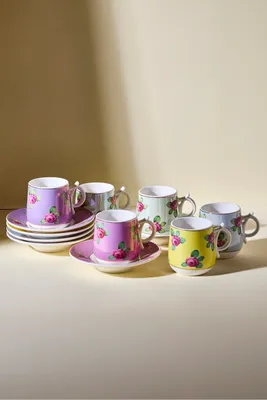Hane+ 12 Parça 6 Kişilik Renkli Floral Kahve Fincanı Takımı